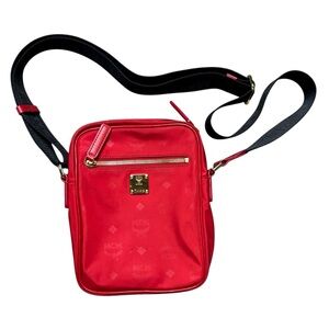 MCM Red Nylon Messenger Crossbody Gold Hardware Adjustable Strap Logo